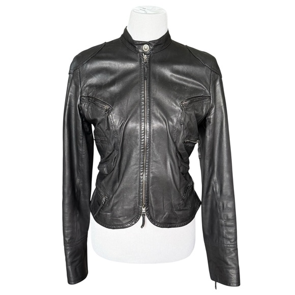 Max Studio Black Leather Jacket with Stand-Up Collar Women’s size Medium - Picture 3 of 7